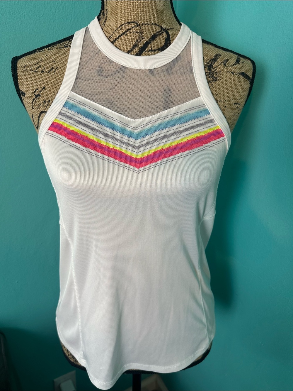 #172 Lucky In Love Striped Chest Partial Sheer Active Sleeveless Top L
